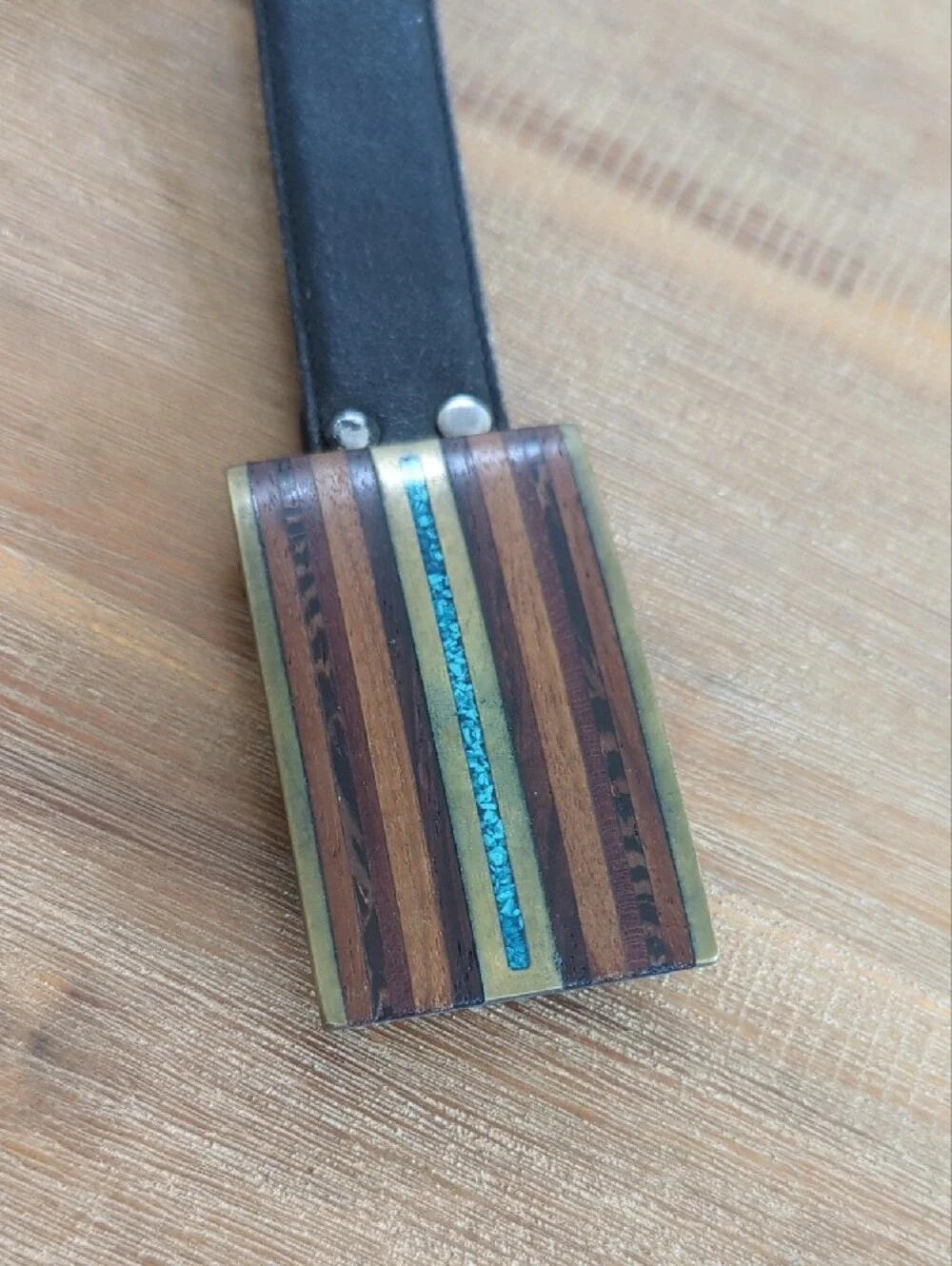 Vintage Kenneth Reid Belt Buckle with  Turquoise / Wood Accents & Black Belt